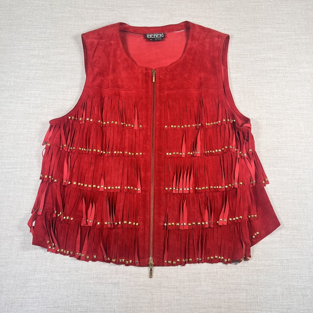 Vintage Berek Studded Fringe Leather Suede Vest Women's XL Full Zip Western